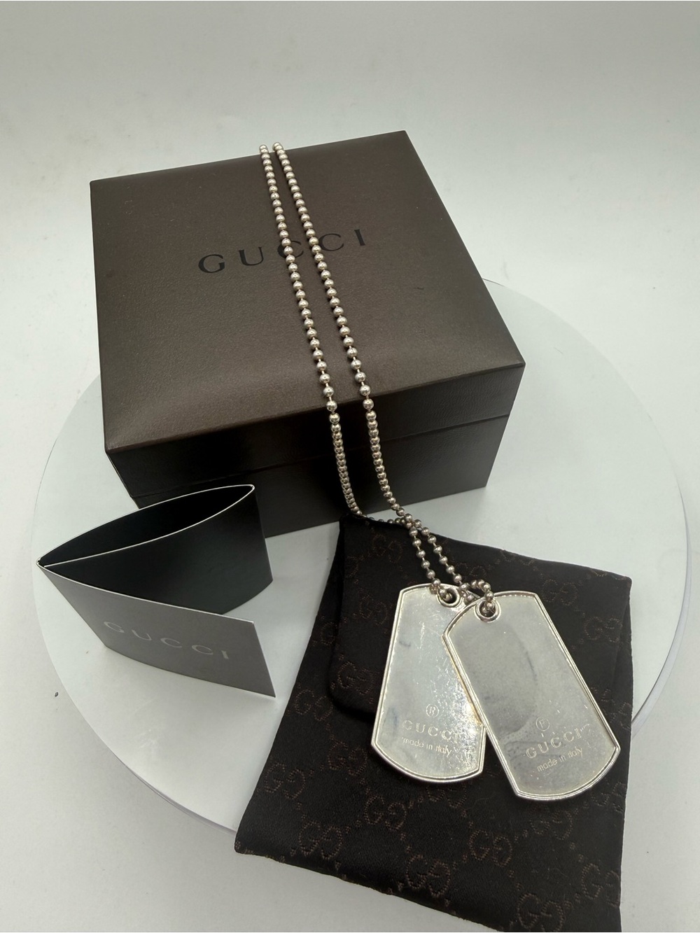 Gucci Silver-Tone Double Dog Tag Necklace with Ball Chain all
.925 authentic